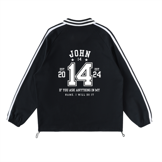 Heavens Garden Unisex John 14:14 Varsity-Striped Lapel Sweatshirt – Black