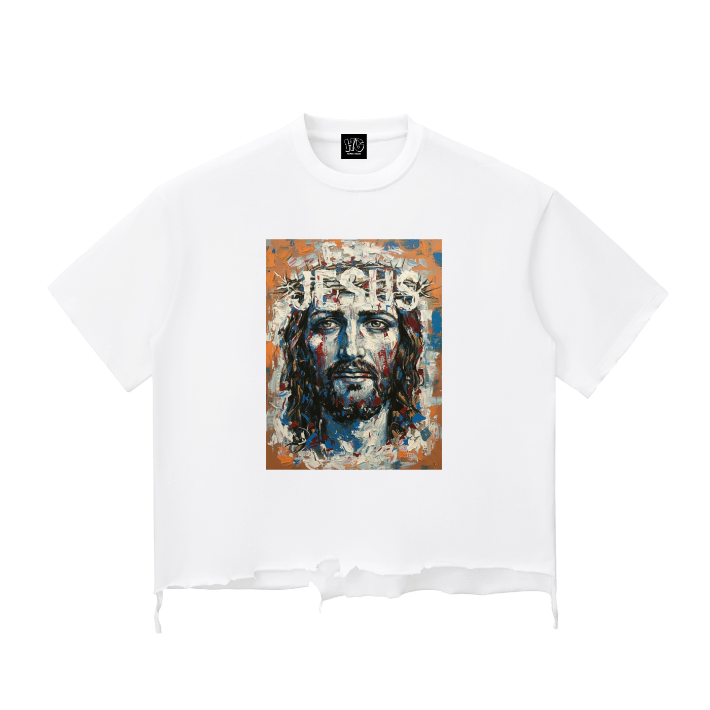 "JESUS" Crown of Thorns Snow Wash Boxy T-Shirt | Raw Hem Oversized Fit
