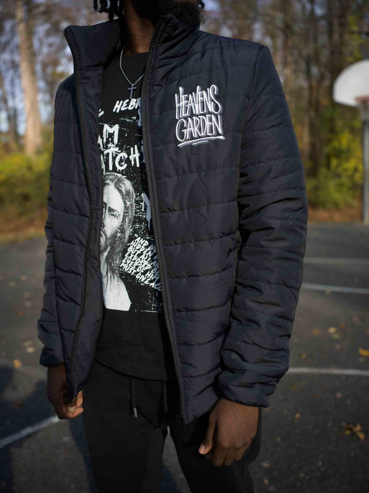 Heaven’s Garden “JESUS” Graffiti Puffer Jacket – Black Urban Faith Edition