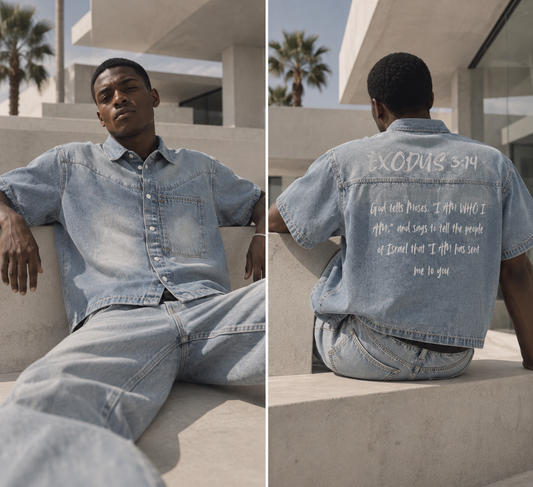 "Exodus 3:14" "I AM WHO I AM" Unisex Vintage Wash Boxy Short Denim Shirt