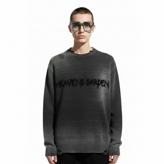 Sun-Fade Distressed “Heaven’s Garden” Crewneck Sweater (Black)