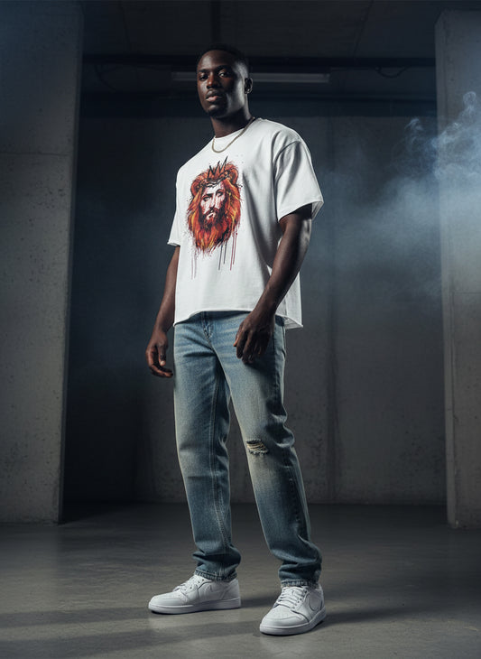 "Lion of Judah" Revelation 5:5 Paint Drip Graphic Boxy Half-Sleeve Raw-Edge T-Shirt