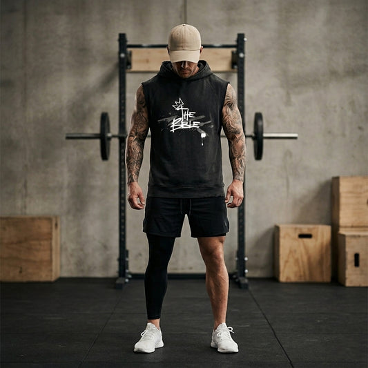 "The Bible” Sleeveless Heavyweight Training Hoodie – Built on Faith (Joshua 1:9)