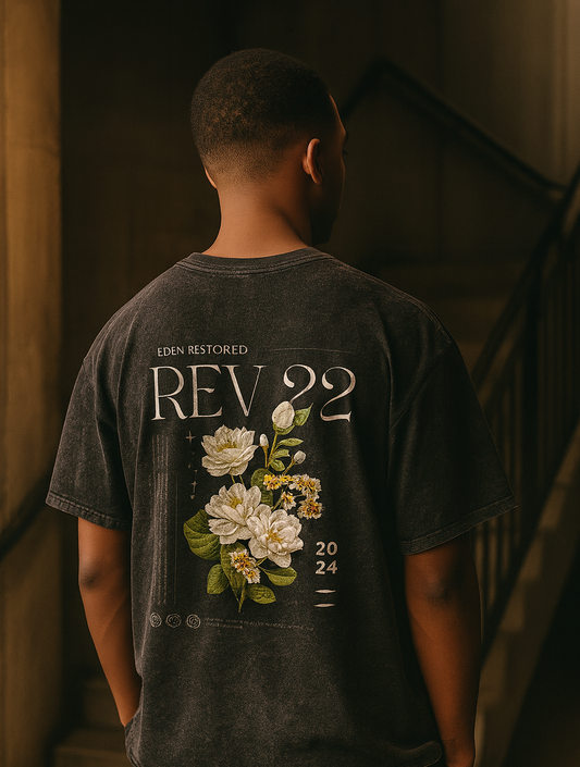 Heavens Garden Unisex “Eden Restored” Revelation 22 Raw Edge Snow Washed Boxy T-Shirt