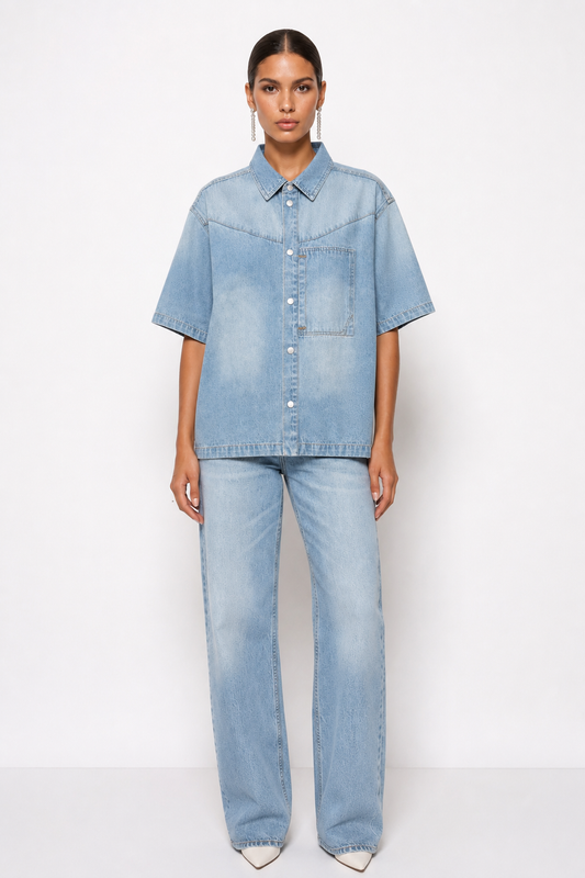 Unisex Vintage Wash Boxy Short Denim Shirt
