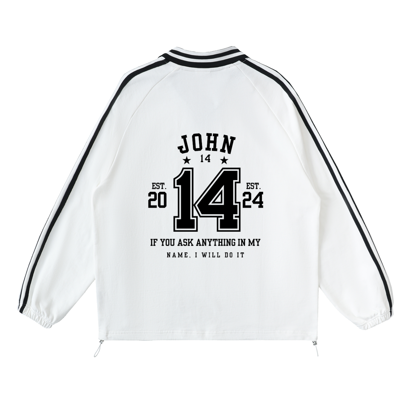 Heavens Garden John 14:14 Varsity-Striped Lapel Sweatshirt – White