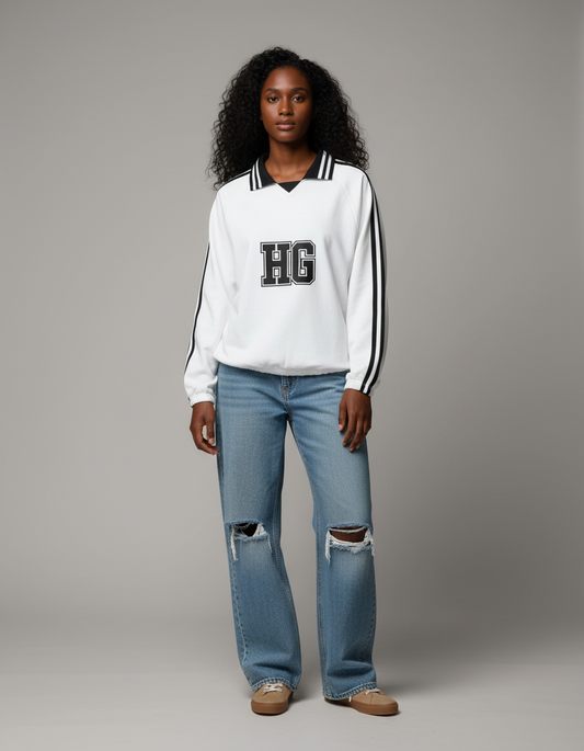 Heavens Garden John 14:14 Varsity-Striped Lapel Sweatshirt – White