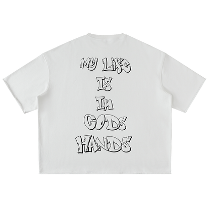 “In God’s Hands” Heavyweight Washed Rolled Hem T-Shirt – Divine Protection Drop (WHITE)
