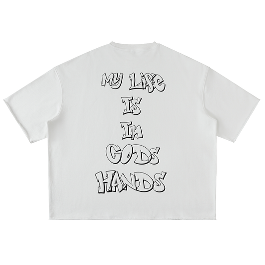 “In God’s Hands” Heavyweight Washed Rolled Hem T-Shirt – Divine Protection Drop (WHITE)