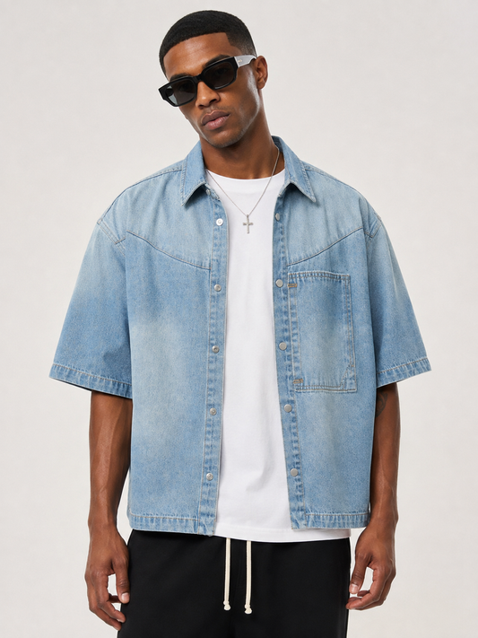 Unisex Vintage Wash Boxy Short Denim Shirt