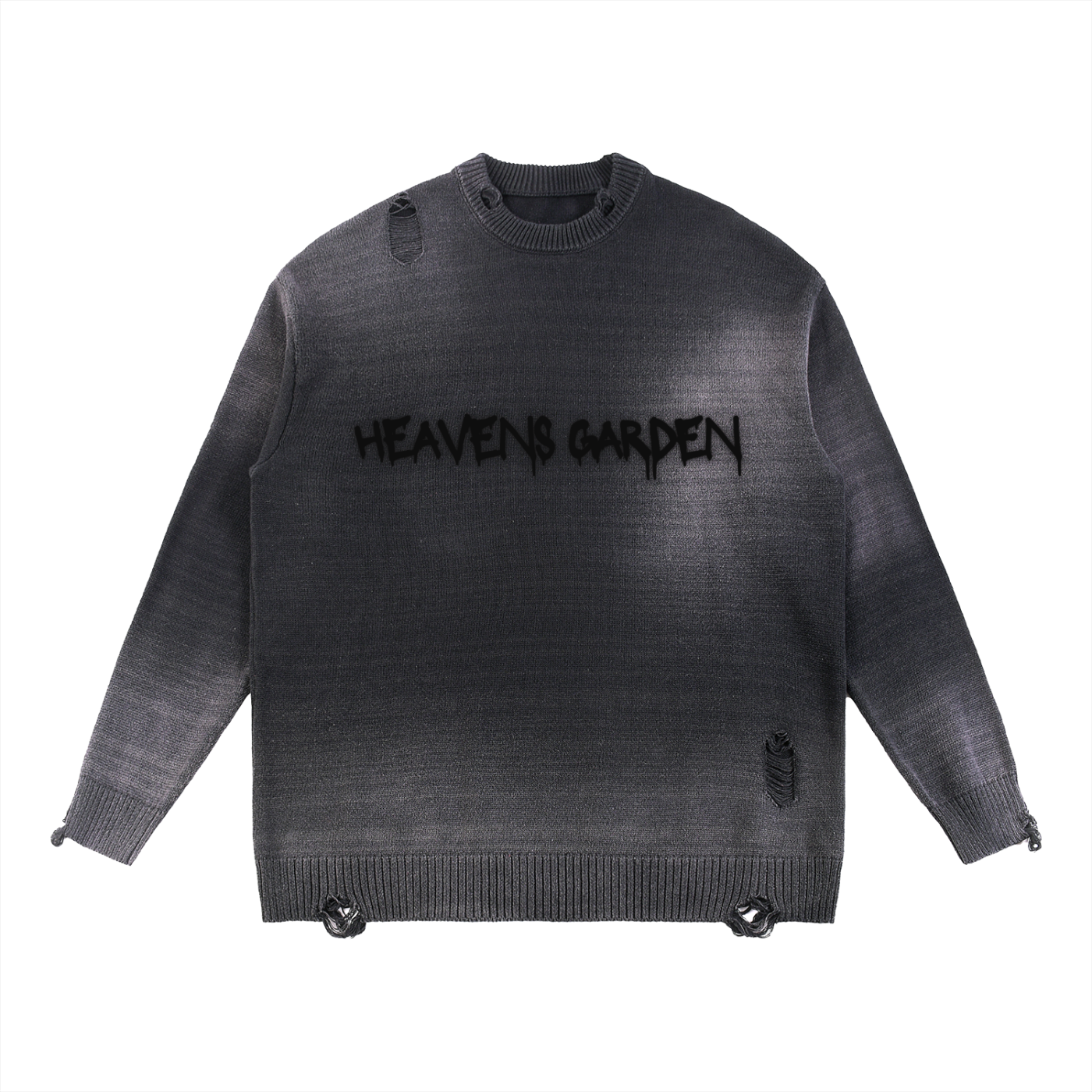 Sun-Fade Distressed “Heaven’s Garden” Crewneck Sweater (Black)