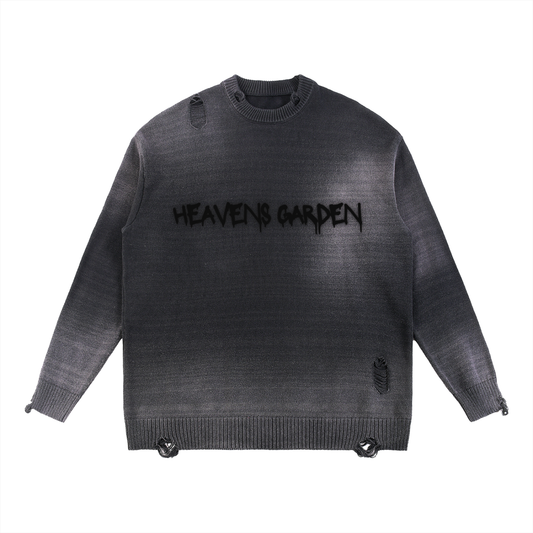 Sun-Fade Distressed “Heaven’s Garden” Crewneck Sweater (Black)