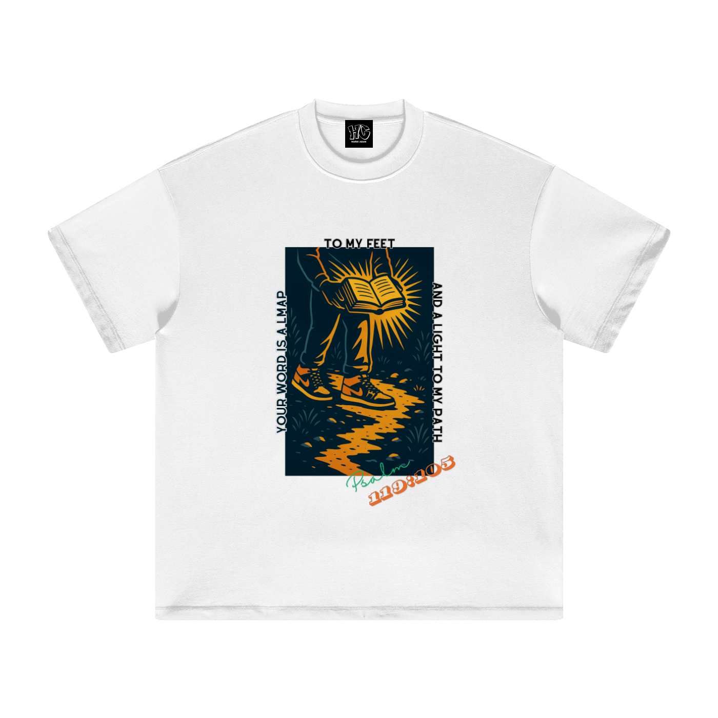 “Lamp to My Feet” Earth Tone Heavyweight Tee (White) – Psalm 119:105 Edition