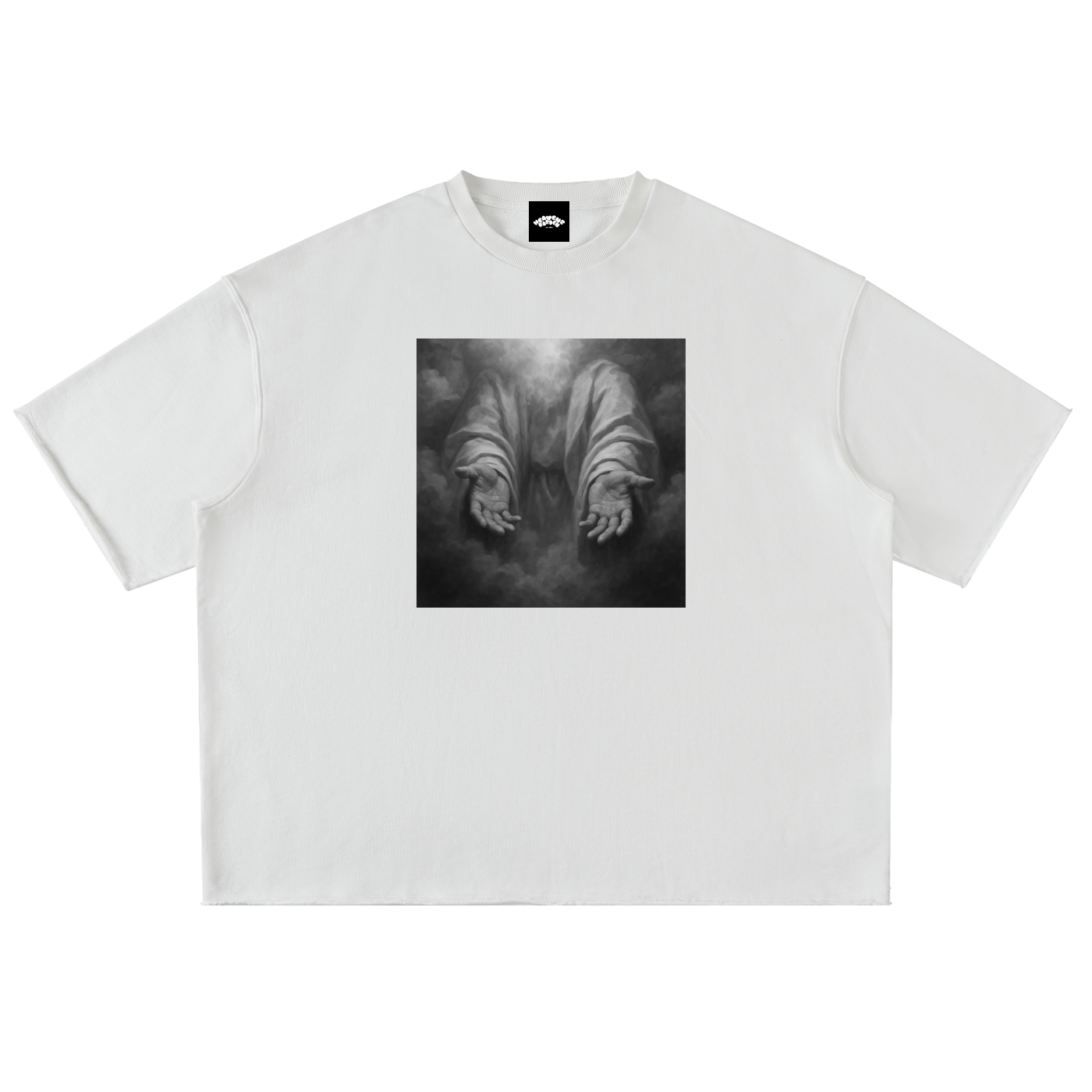 “In God’s Hands” Heavyweight Washed Rolled Hem T-Shirt – Divine Protection Drop (WHITE)