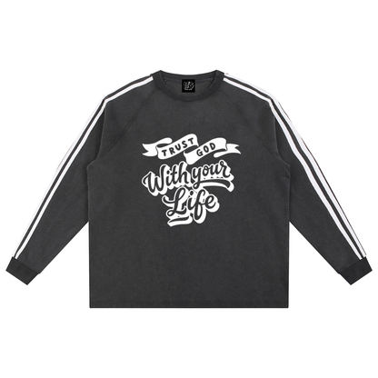 “Trust God with you Life" Snow-Washed Contrast Tape Sweatshirt