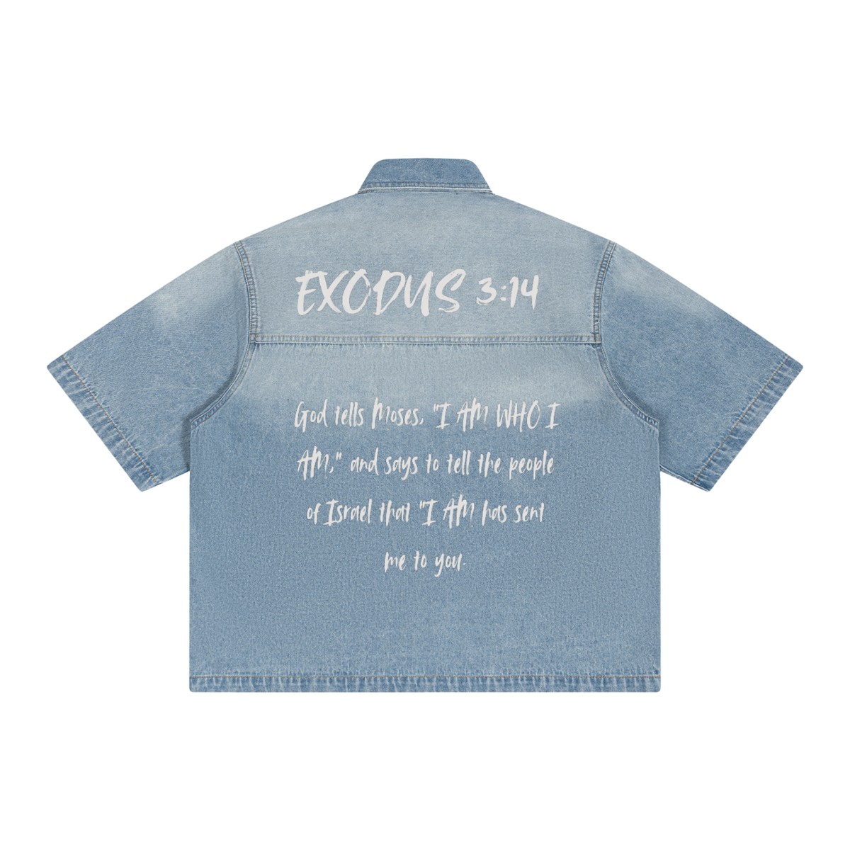 "Exodus 3:14" "I AM WHO I AM" Unisex Vintage Wash Boxy Short Denim Shirt