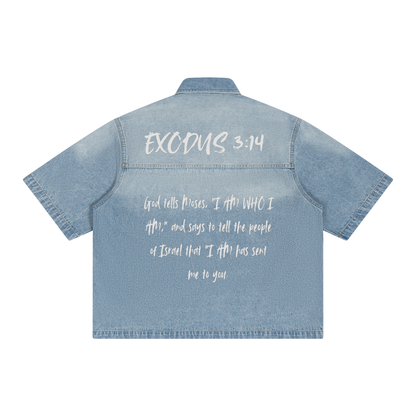 "Exodus 3:14" "I AM WHO I AM" Unisex Vintage Wash Boxy Short Denim Shirt