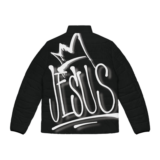 Heaven’s Garden “JESUS” Graffiti Puffer Jacket – Black Urban Faith Edition