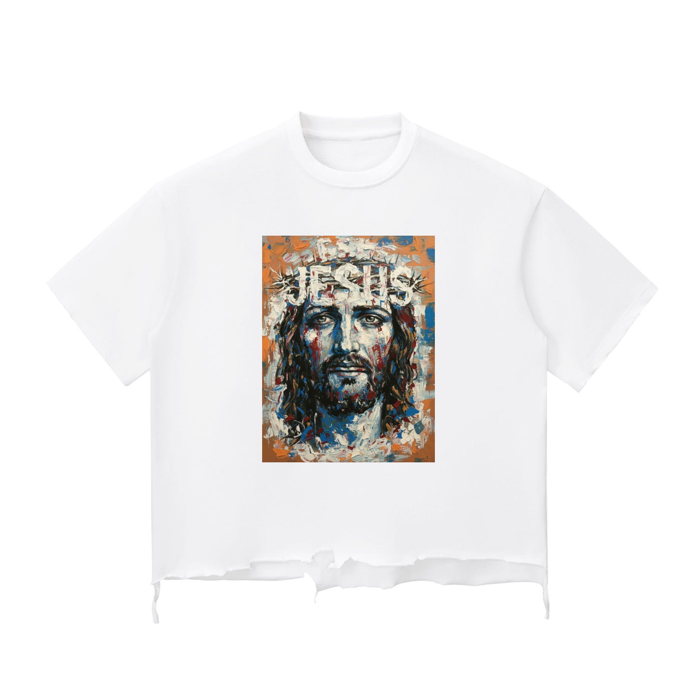 "JESUS" Crown of Thorns Snow Wash Boxy T-Shirt | Raw Hem Oversized Fit