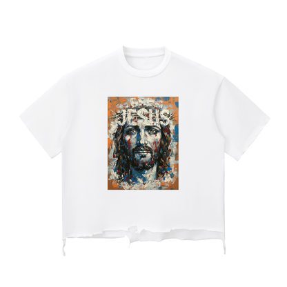 "JESUS" Crown of Thorns Snow Wash Boxy T-Shirt | Raw Hem Oversized Fit