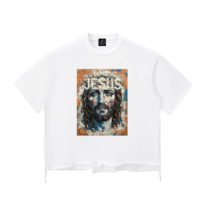 "JESUS" Crown of Thorns Snow Wash Boxy T-Shirt | Raw Hem Oversized Fit