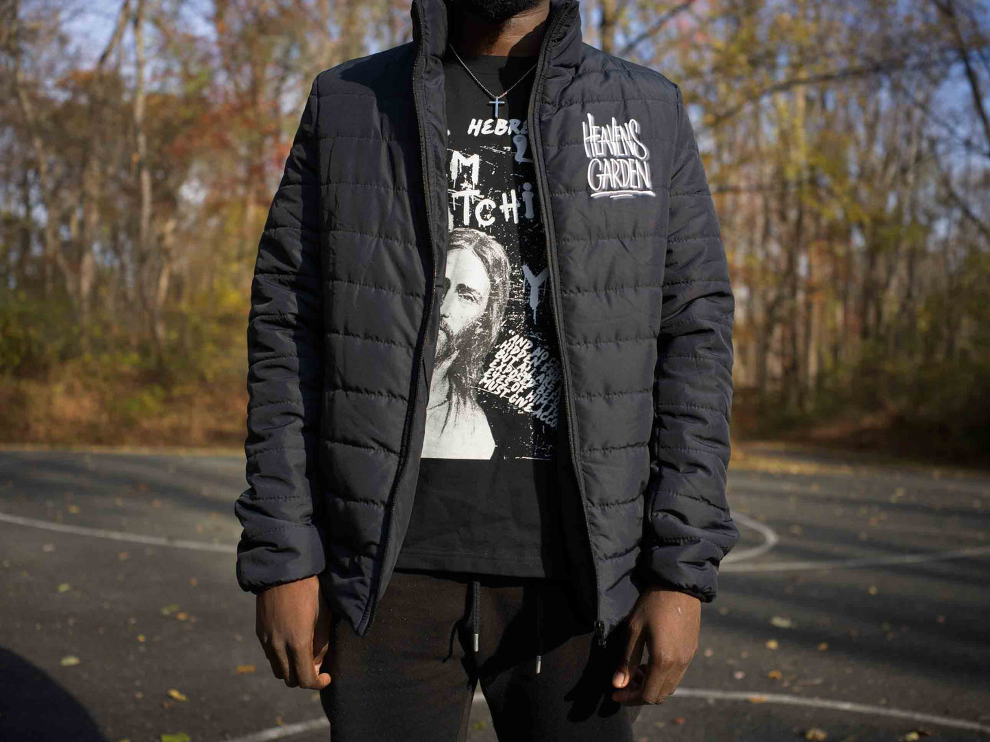 Heaven’s Garden “JESUS” Graffiti Puffer Jacket – Black Urban Faith Edition