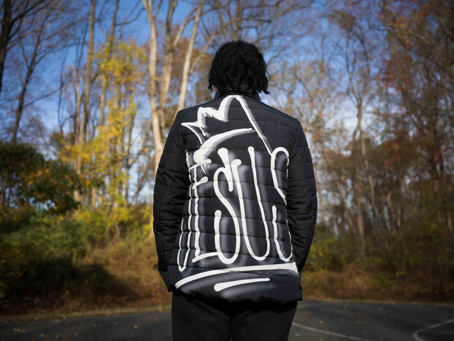 Heaven’s Garden “JESUS” Graffiti Puffer Jacket – Black Urban Faith Edition