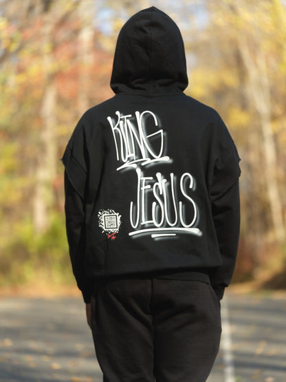 “KING JESUS” Double Layered Contrast Tape Hoodie — Heaven’s Garden Raw Edge Edition