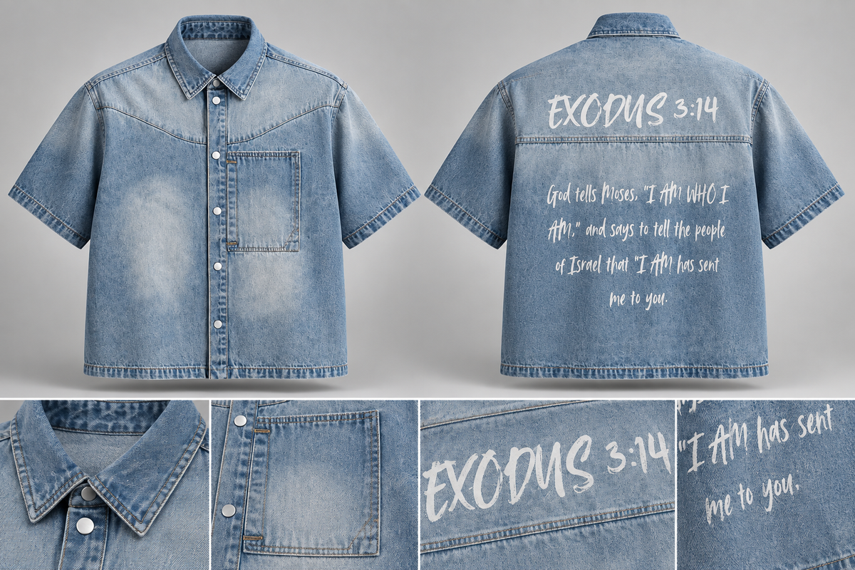 "Exodus 3:14" "I AM WHO I AM" Unisex Vintage Wash Boxy Short Denim Shirt