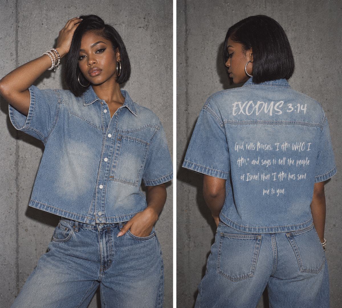 "Exodus 3:14" "I AM WHO I AM" Unisex Vintage Wash Boxy Short Denim Shirt