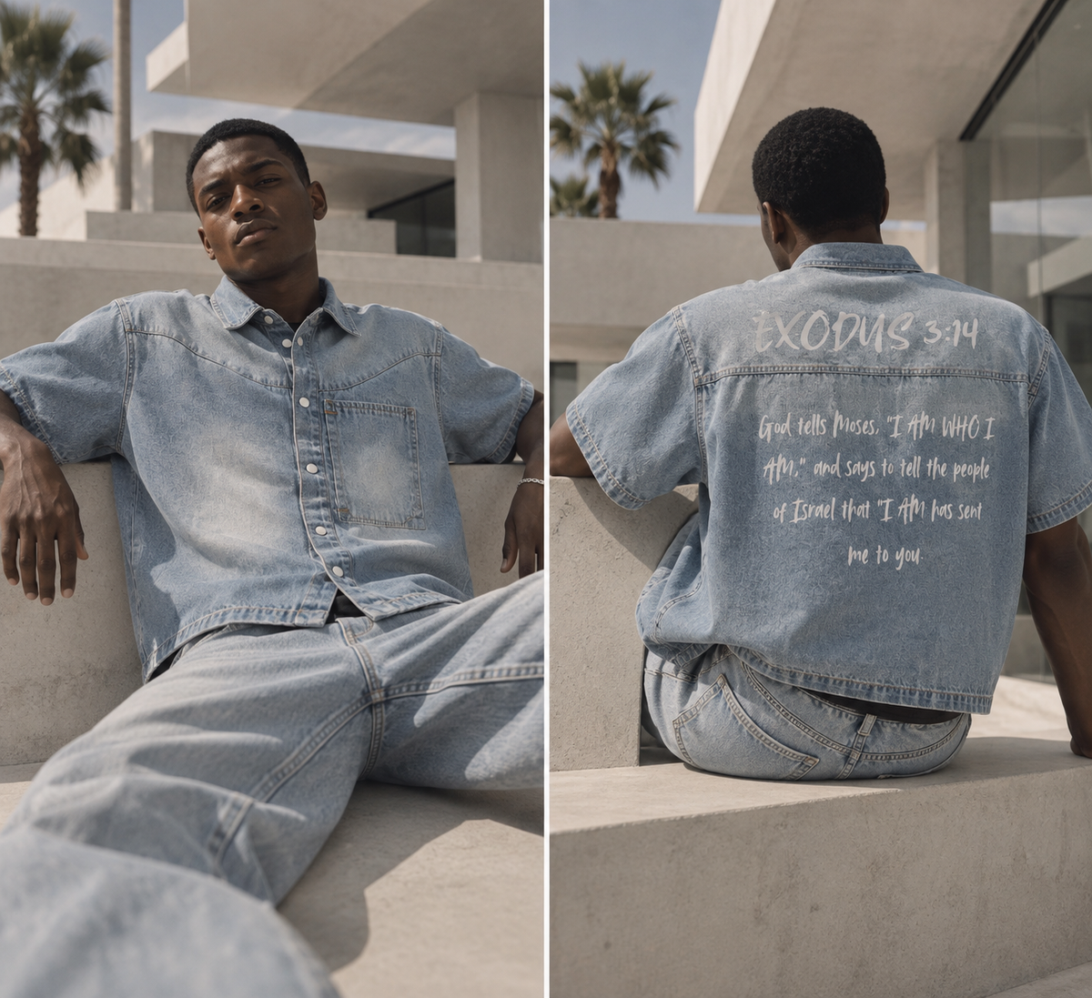 "Exodus 3:14" "I AM WHO I AM" Unisex Vintage Wash Boxy Short Denim Shirt