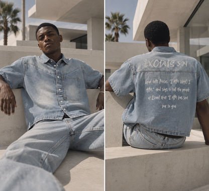 "Exodus 3:14" "I AM WHO I AM" Unisex Vintage Wash Boxy Short Denim Shirt