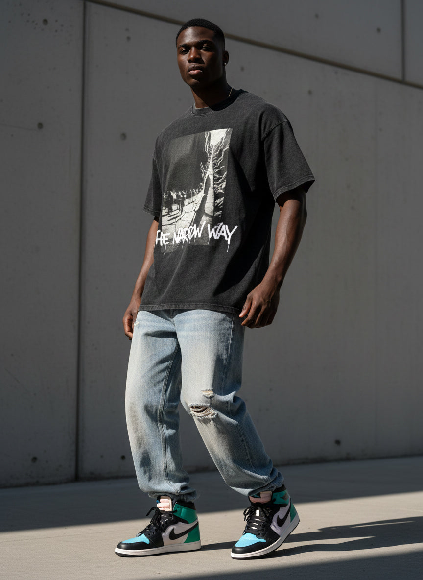 "Matthew 7:13-14" The Narrow Way, Choose wisely Snow Washed Oversized Cotton T-Shirt