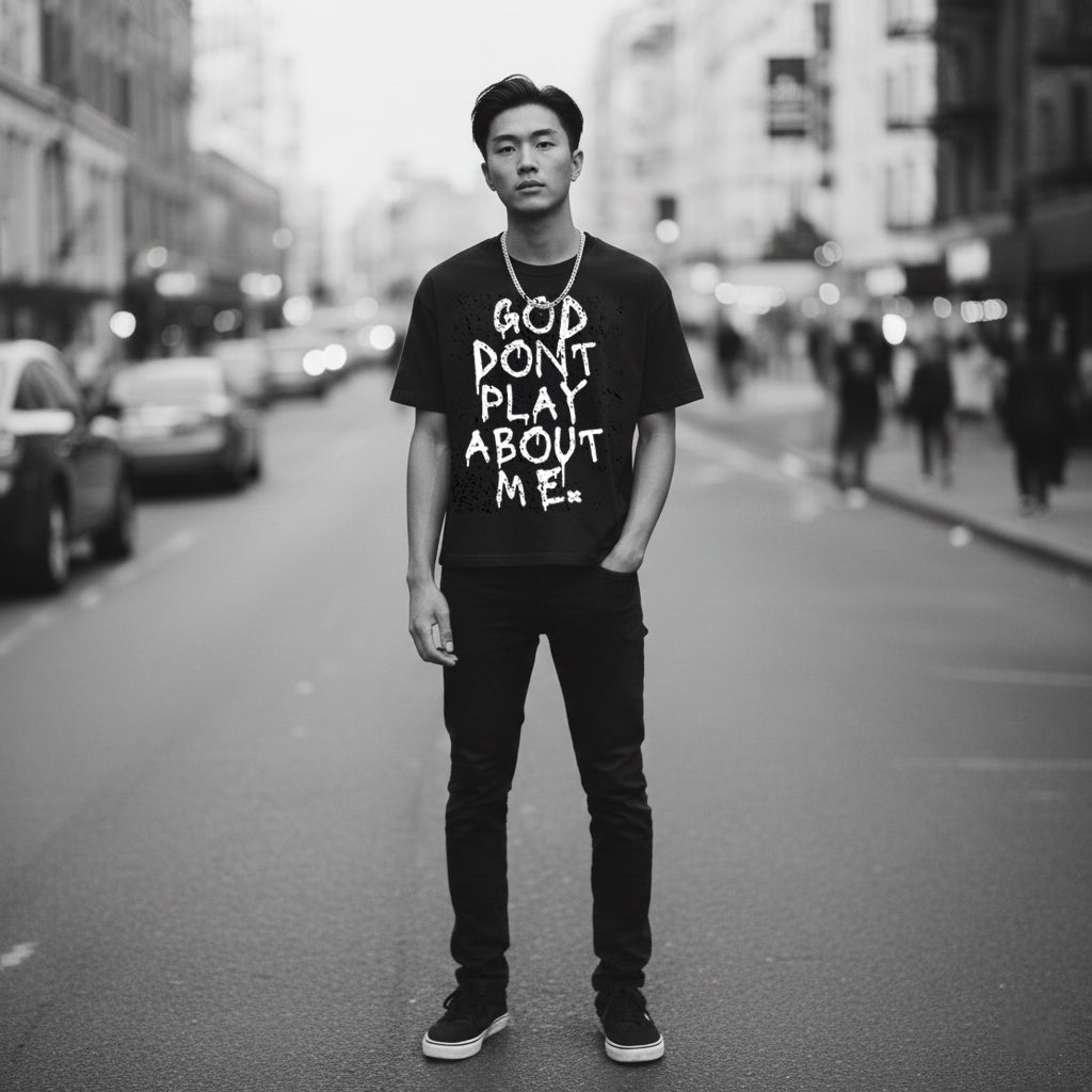 GOD DON’T PLAY ABOUT ME – Unisex Boxy Cotton T-Shirt (Black)