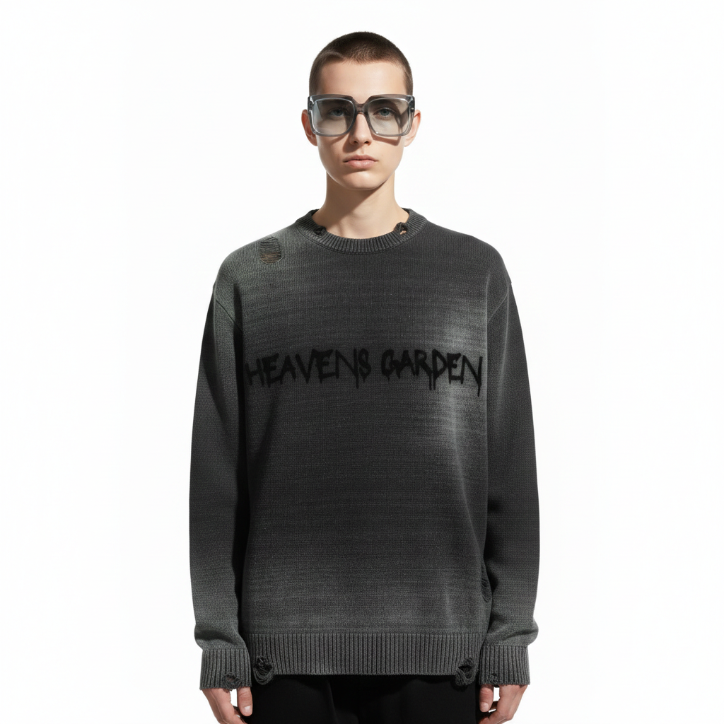 Sun-Fade Distressed “Heaven’s Garden” Crewneck Sweater (Black)