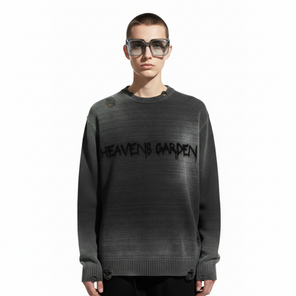 Sun-Fade Distressed “Heaven’s Garden” Crewneck Sweater (Black)