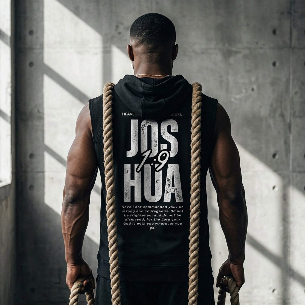 "The Bible” Sleeveless Heavyweight Training Hoodie – Built on Faith (Joshua 1:9)