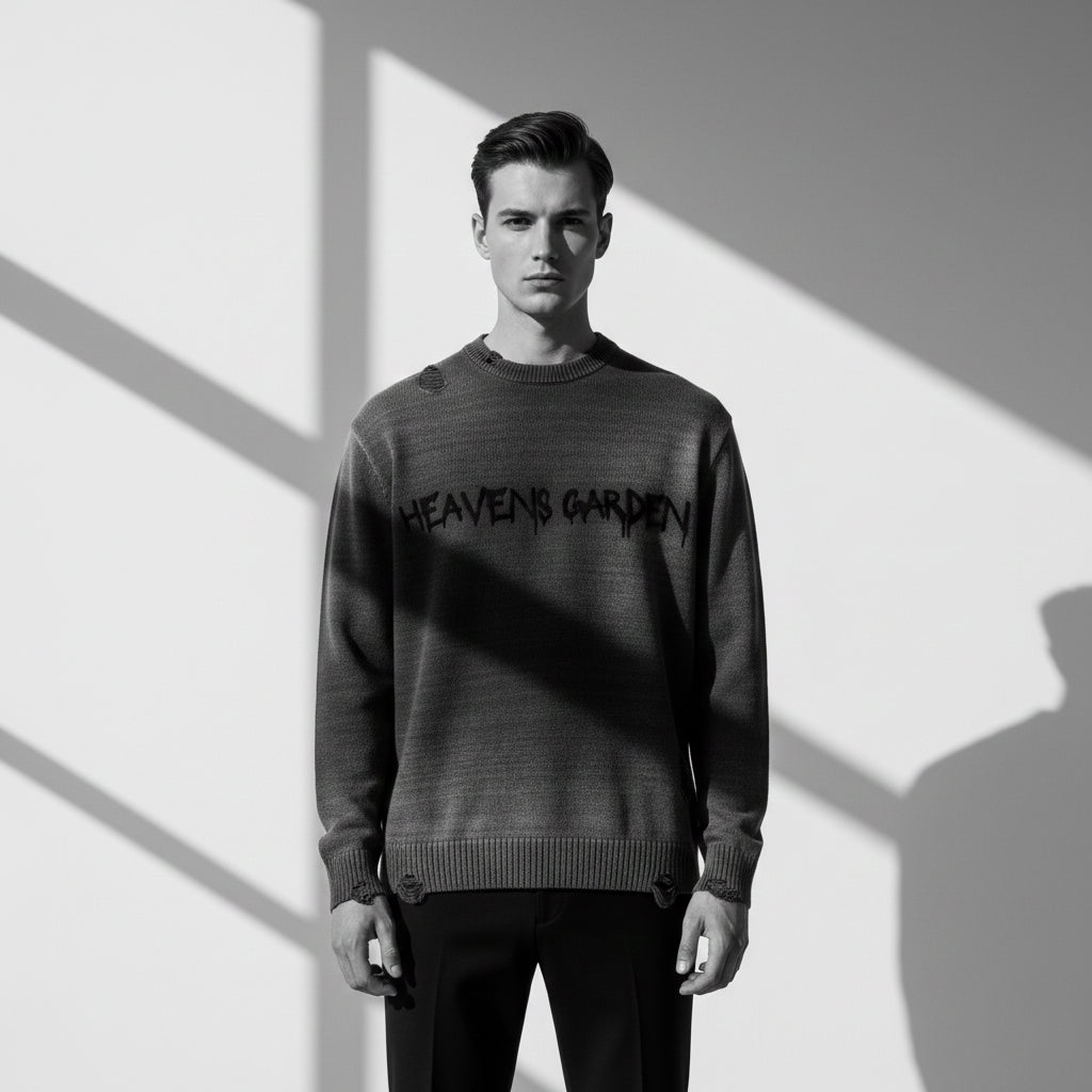 Sun-Fade Distressed “Heaven’s Garden” Crewneck Sweater (Black)