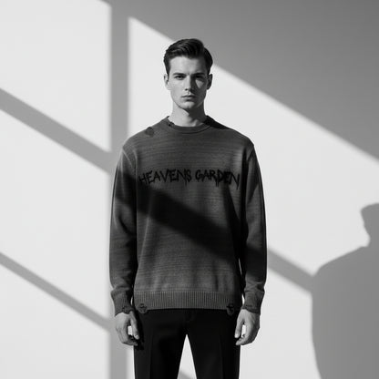 Sun-Fade Distressed “Heaven’s Garden” Crewneck Sweater (Black)