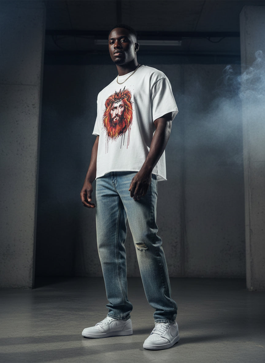 "Lion of Judah" Revelation 5:5 Paint Drip Graphic Boxy Half-Sleeve Raw-Edge T-Shirt