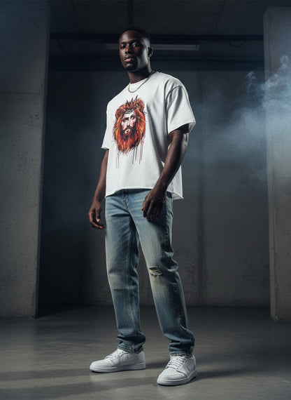 "Lion of Judah" Revelation 5:5 Paint Drip Graphic Boxy Half-Sleeve Raw-Edge T-Shirt