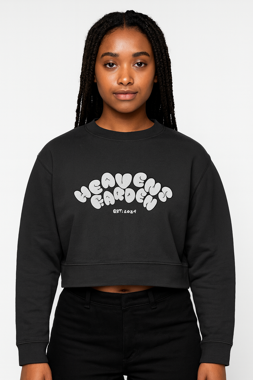 Heavens Garden “Bubble Logo” Woman Embroidered Heavyweight Crop Crew – Kingdom Comfort Edition