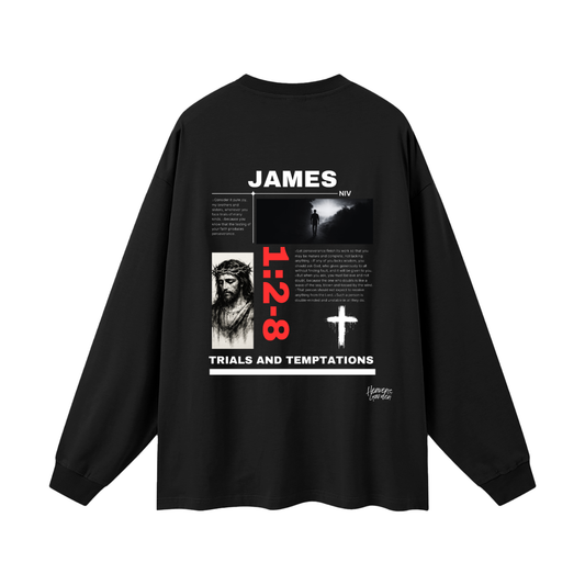 JAMES 1:2-8 “Trials & Temptations” Oversized Long Sleeve Tee – Heaven’s Garden