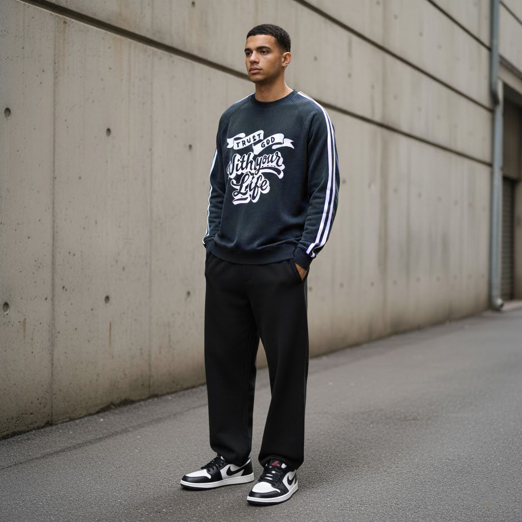 “Trust God with you Life" Snow-Washed Contrast Tape Sweatshirt