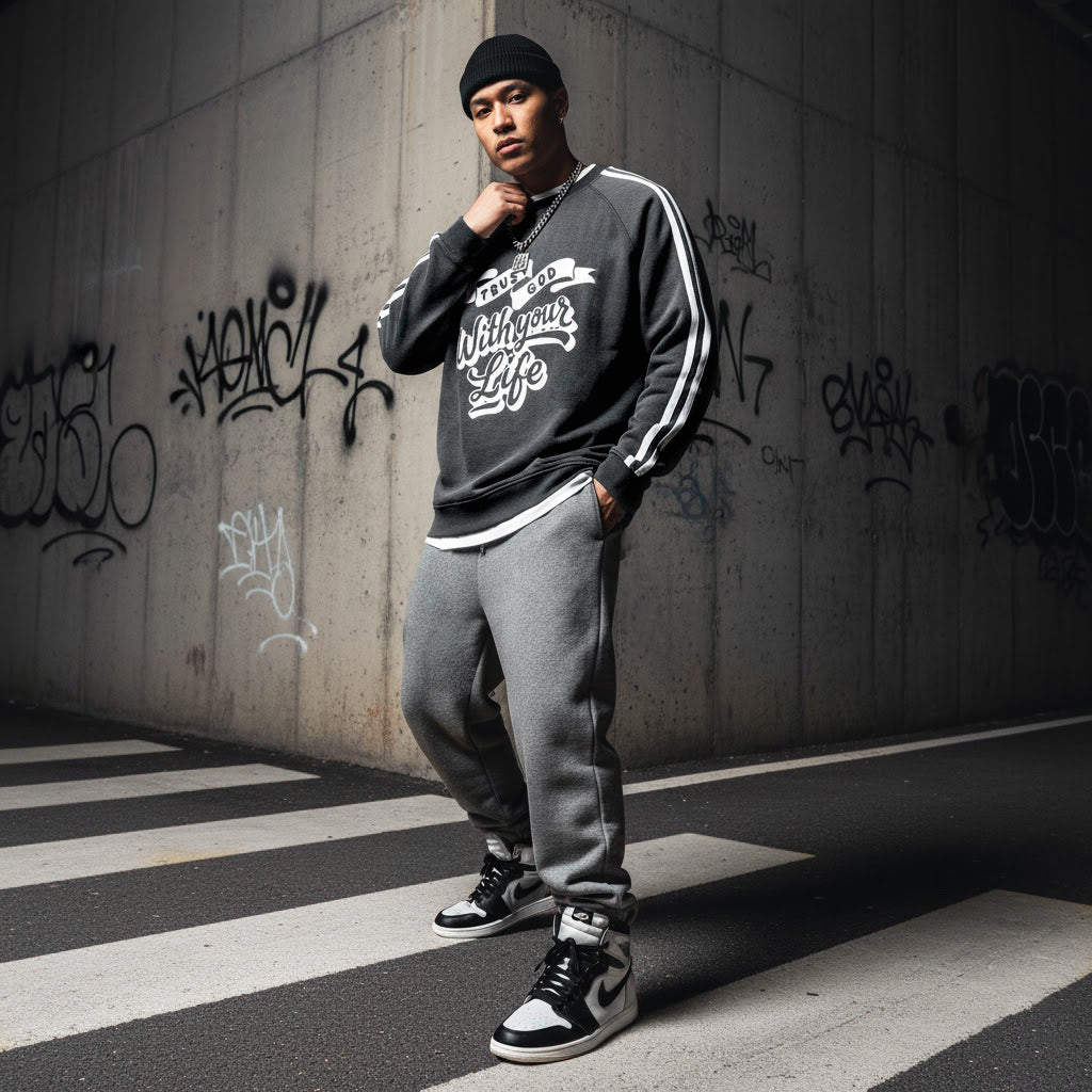 “Trust God with you Life" Snow-Washed Contrast Tape Sweatshirt