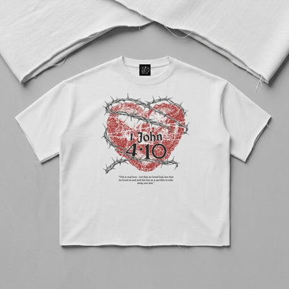 Crowned in Love – 1 John 4:10 Boxy Half-Sleeve Raw Edge T-Shirt