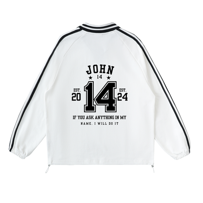Heavens Garden John 14:14 Varsity-Striped Lapel Sweatshirt – White