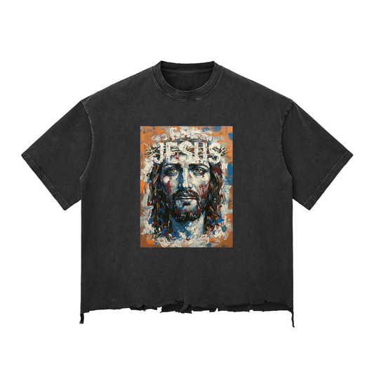 "JESUS" Crown of Thorns Snow Wash Boxy T-Shirt | Raw Hem Oversized Fit