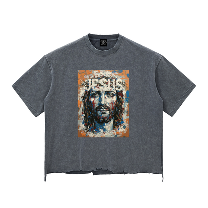 "JESUS" Crown of Thorns Snow Wash Boxy T-Shirt | Raw Hem Oversized Fit
